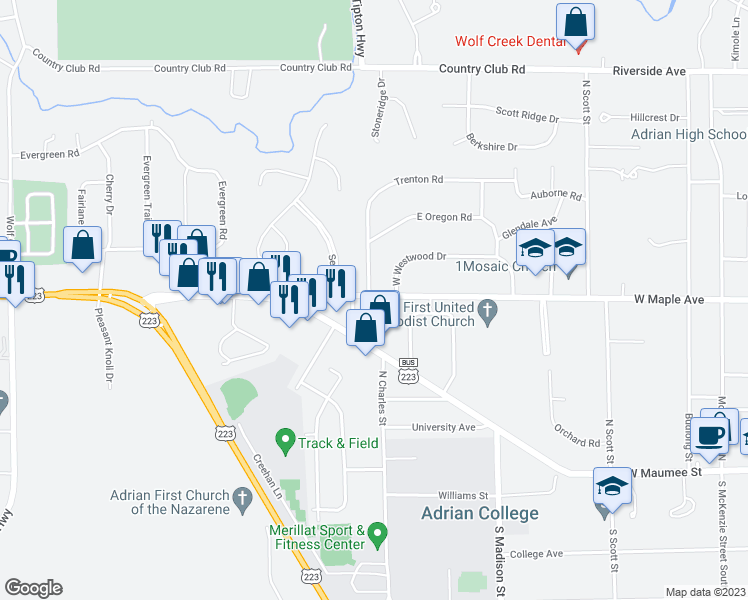 map of restaurants, bars, coffee shops, grocery stores, and more near 1387 West Maple Avenue in Adrian