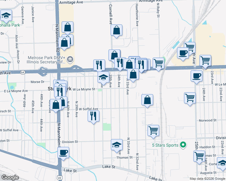 map of restaurants, bars, coffee shops, grocery stores, and more near 1745 35th Avenue in Stone Park