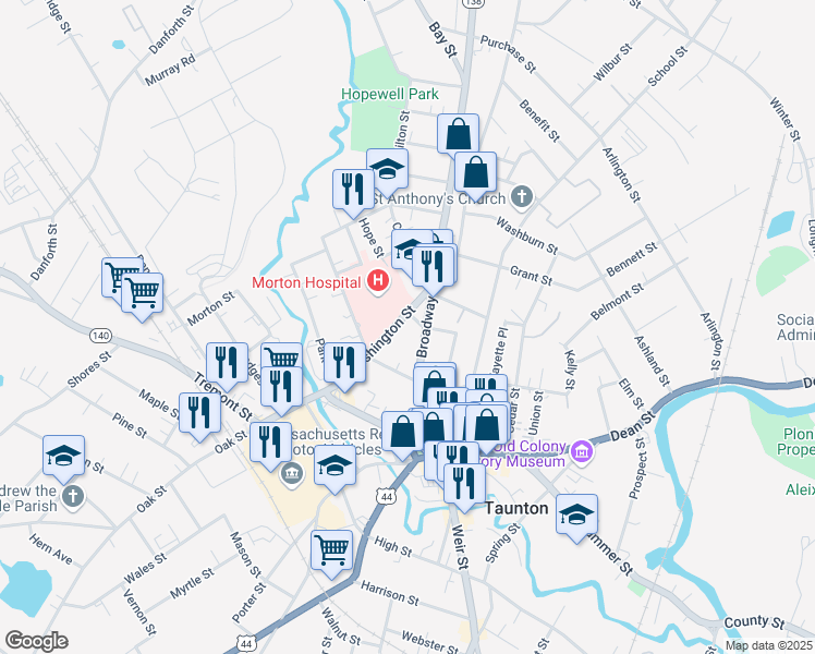 map of restaurants, bars, coffee shops, grocery stores, and more near 91 Washington Street in Taunton