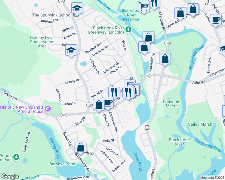 map of restaurants, bars, coffee shops, grocery stores, and more near 54 Pleasant Street in Lincoln