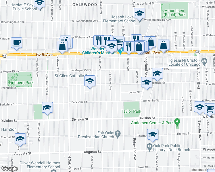 map of restaurants, bars, coffee shops, grocery stores, and more near 1047 Fair Oaks Avenue in Oak Park