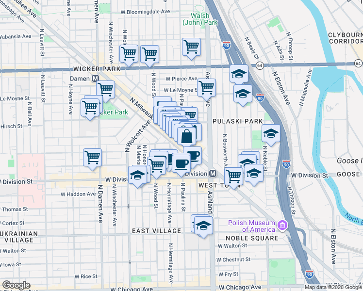 map of restaurants, bars, coffee shops, grocery stores, and more near 1314 North Milwaukee Avenue in Chicago