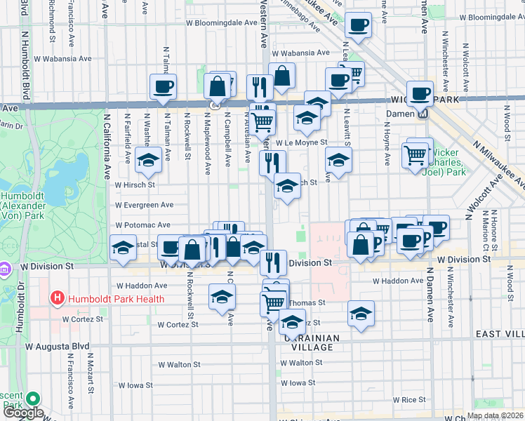map of restaurants, bars, coffee shops, grocery stores, and more near 1318 North Western Avenue in Chicago