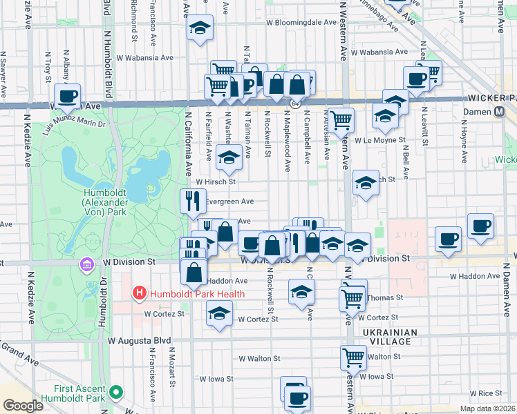 map of restaurants, bars, coffee shops, grocery stores, and more near 2621 West Evergreen Avenue in Chicago