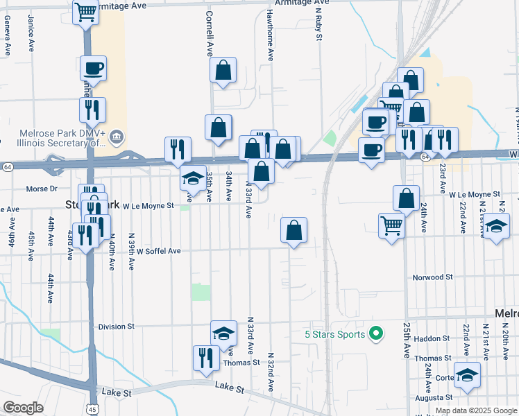 map of restaurants, bars, coffee shops, grocery stores, and more near 3200 West Le Moyne Street in Stone Park