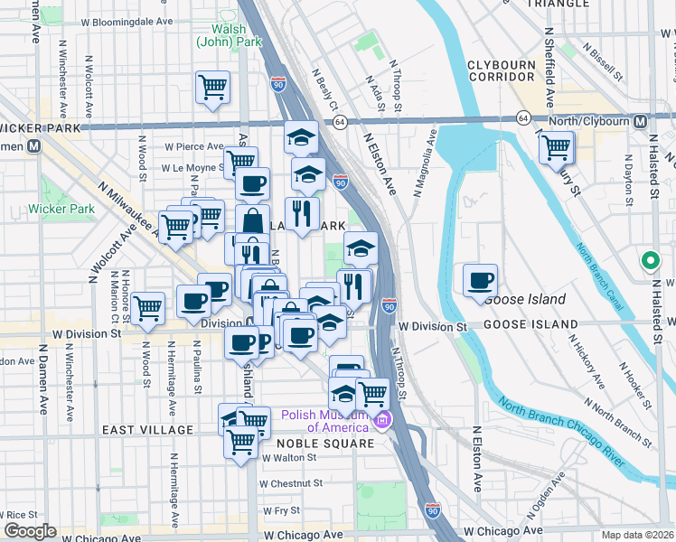 map of restaurants, bars, coffee shops, grocery stores, and more near 1300 North Noble Street in Chicago