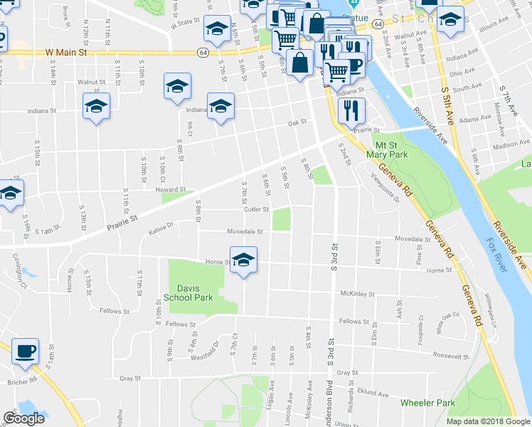 map of restaurants, bars, coffee shops, grocery stores, and more near 605 Cutler Street in Saint Charles