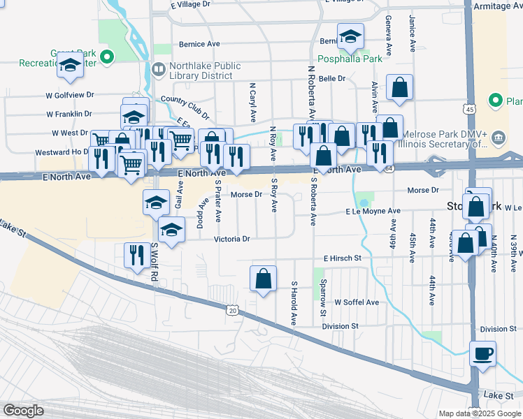 map of restaurants, bars, coffee shops, grocery stores, and more near 111 South Caryl Avenue in Northlake