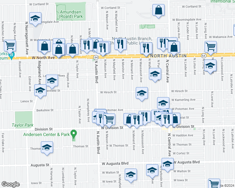 map of restaurants, bars, coffee shops, grocery stores, and more near 1355 North Mayfield Avenue in Chicago
