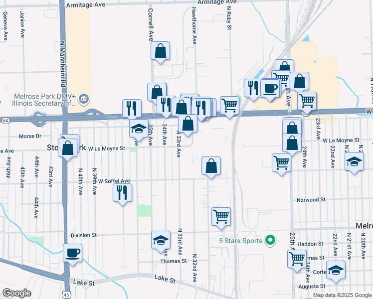map of restaurants, bars, coffee shops, grocery stores, and more near 3200 West Le Moyne Street in Stone Park
