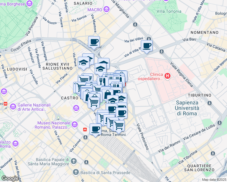 map of restaurants, bars, coffee shops, grocery stores, and more near 16 Via San Martino della Battaglia in Roma