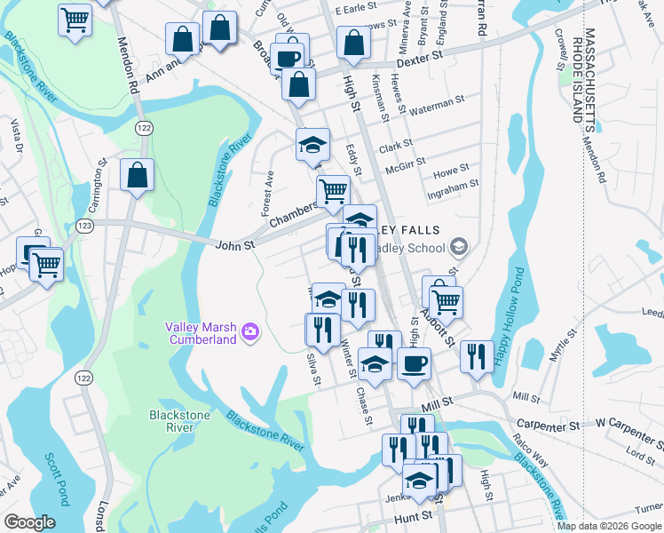 map of restaurants, bars, coffee shops, grocery stores, and more near 12 Eli Street in Cumberland