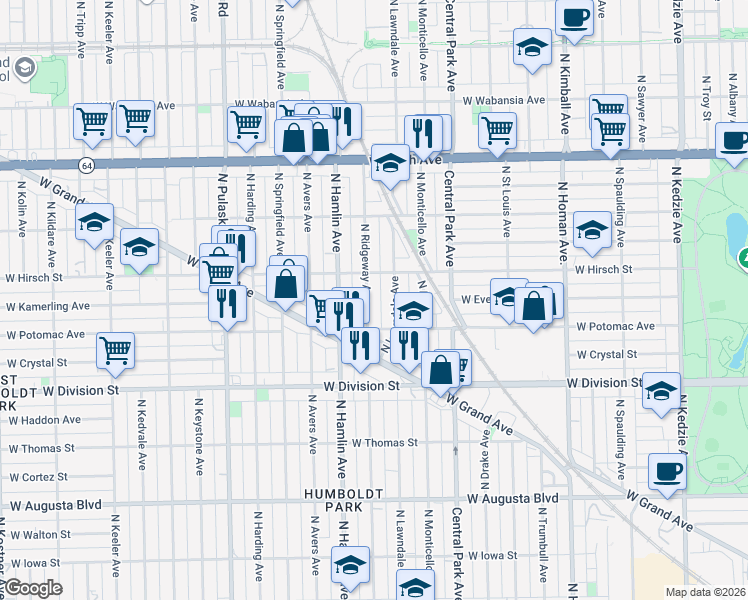 map of restaurants, bars, coffee shops, grocery stores, and more near 1331 North Ridgeway Avenue in Chicago