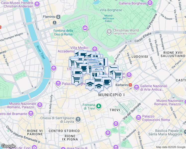 map of restaurants, bars, coffee shops, grocery stores, and more near 67 Piazza di Spagna in Roma