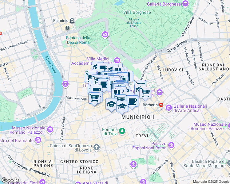 map of restaurants, bars, coffee shops, grocery stores, and more near 67 Piazza di Spagna in Roma