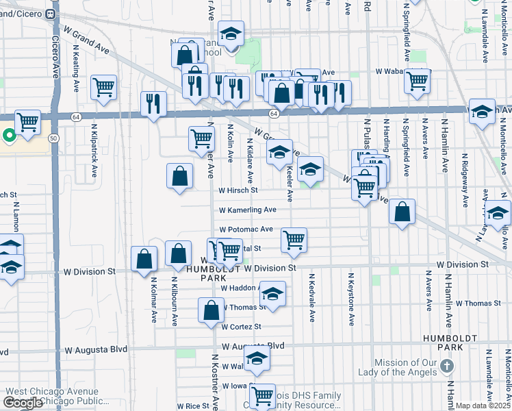 map of restaurants, bars, coffee shops, grocery stores, and more near 4256 West Kamerling Avenue in Chicago
