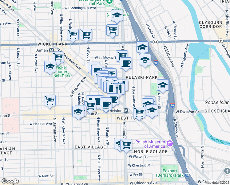 map of restaurants, bars, coffee shops, grocery stores, and more near 1346 North Bauwans Street in Chicago