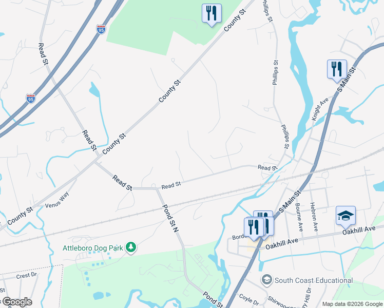 map of restaurants, bars, coffee shops, grocery stores, and more near 6 Country View Drive in Attleboro
