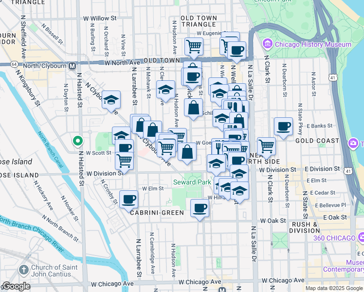 map of restaurants, bars, coffee shops, grocery stores, and more near 411 West Goethe Street in Chicago