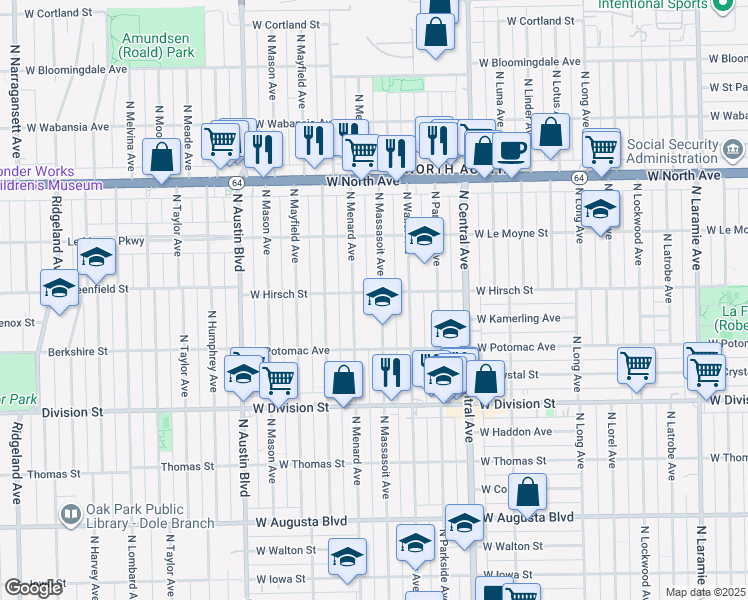 map of restaurants, bars, coffee shops, grocery stores, and more near 1354 North Massasoit Avenue in Chicago