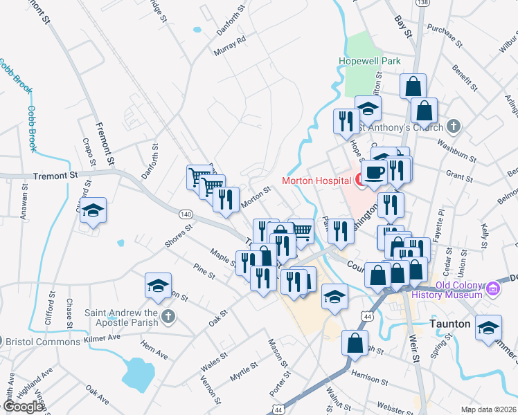 map of restaurants, bars, coffee shops, grocery stores, and more near 48 Hodges Avenue in Taunton