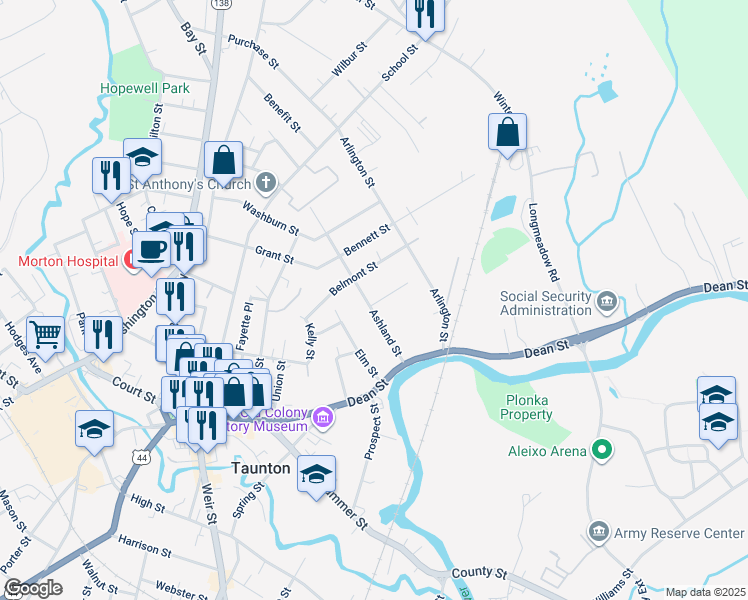 map of restaurants, bars, coffee shops, grocery stores, and more near 2 Ashland Place in Taunton