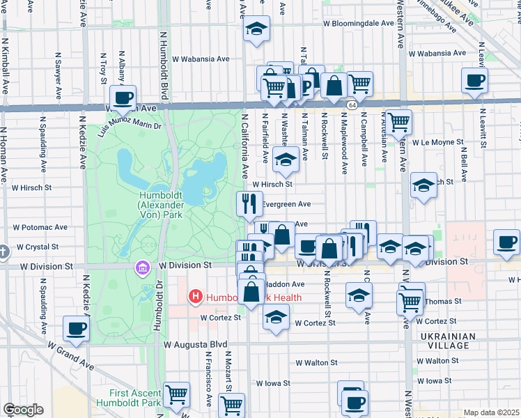 map of restaurants, bars, coffee shops, grocery stores, and more near 2737 West Evergreen Avenue in Chicago