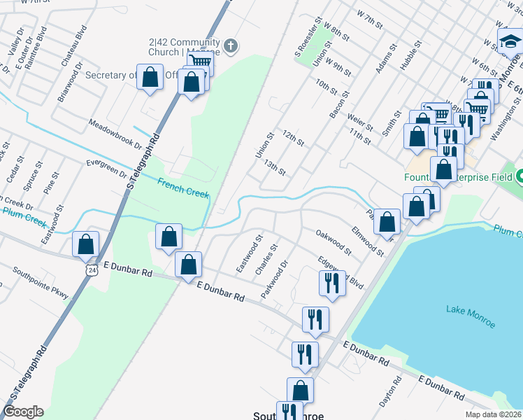 map of restaurants, bars, coffee shops, grocery stores, and more near 5721 Parkside Drive in Monroe
