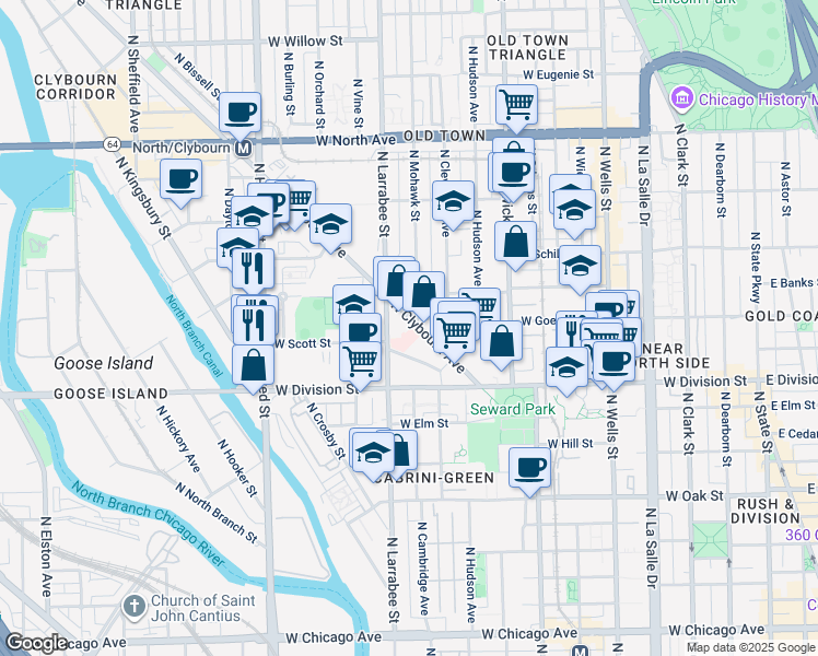 map of restaurants, bars, coffee shops, grocery stores, and more near 1281 North Clybourn Avenue in Chicago