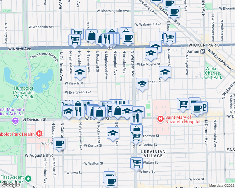 map of restaurants, bars, coffee shops, grocery stores, and more near 1321 North Campbell Avenue in Chicago