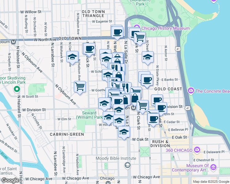 map of restaurants, bars, coffee shops, grocery stores, and more near 1254 North Wells Street in Chicago