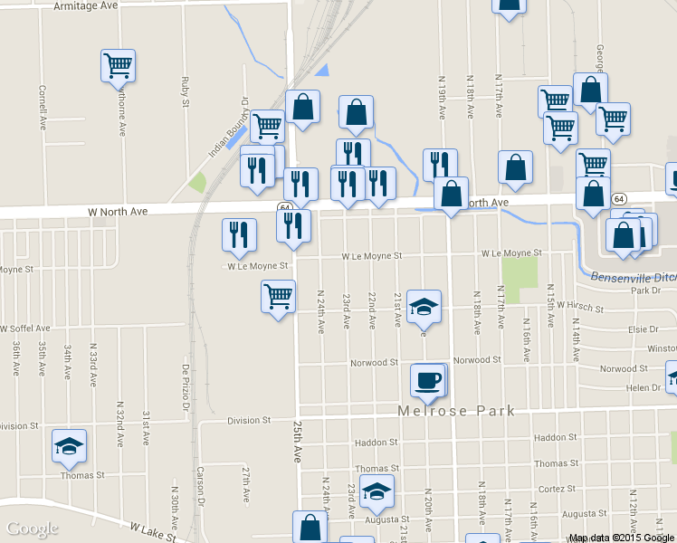 map of restaurants, bars, coffee shops, grocery stores, and more near 1736 23rd Avenue in Melrose Park