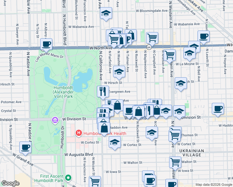 map of restaurants, bars, coffee shops, grocery stores, and more near 2705 West Evergreen Avenue in Chicago