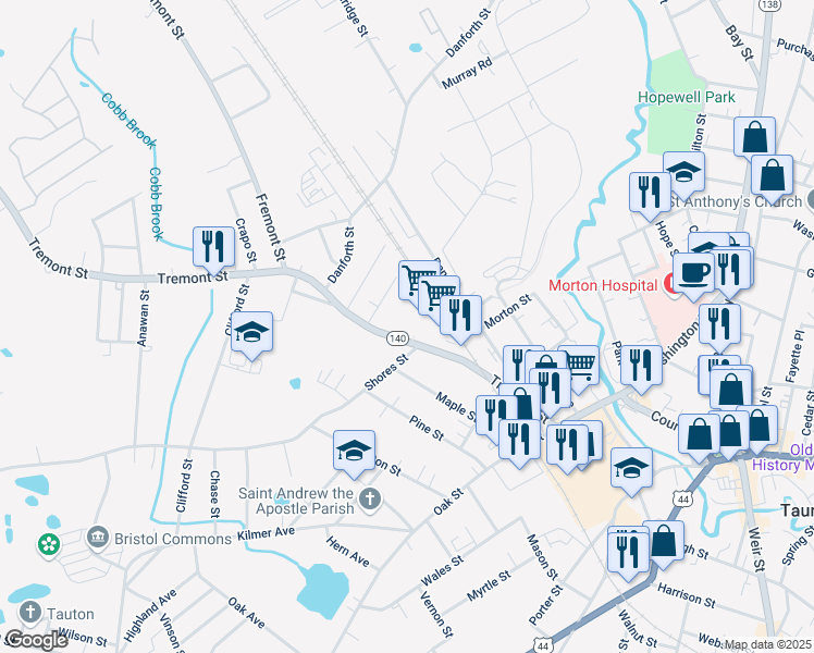 map of restaurants, bars, coffee shops, grocery stores, and more near 53 Massachusetts 140 in Taunton