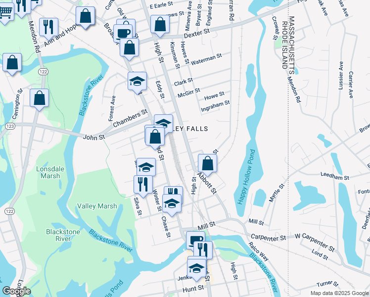 map of restaurants, bars, coffee shops, grocery stores, and more near 11 Gaskin Lane in Cumberland