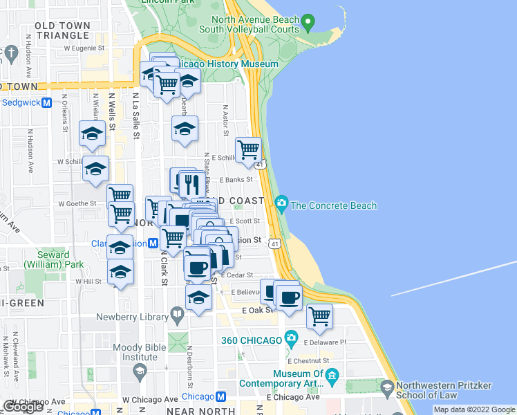 map of restaurants, bars, coffee shops, grocery stores, and more near 1250 U.S. 41 in Chicago