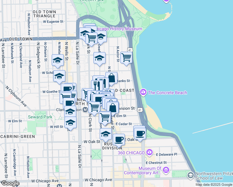 map of restaurants, bars, coffee shops, grocery stores, and more near 1255 North State Parkway in Chicago