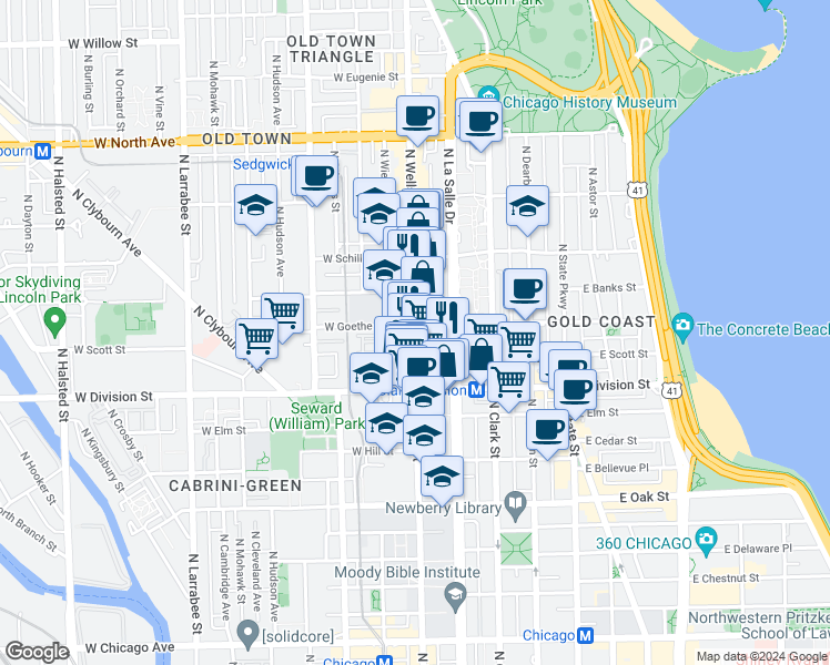 map of restaurants, bars, coffee shops, grocery stores, and more near 1254 North Wells Street in Chicago