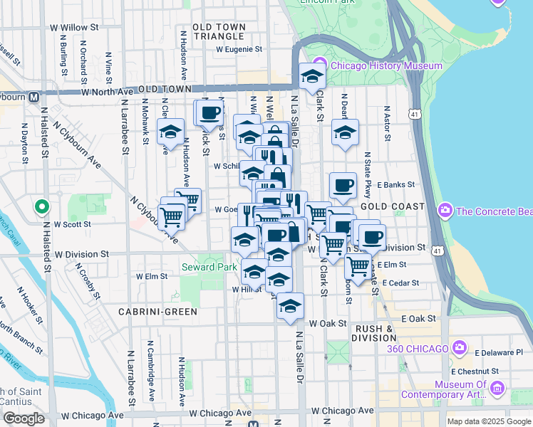 map of restaurants, bars, coffee shops, grocery stores, and more near 1254 North Wells Street in Chicago
