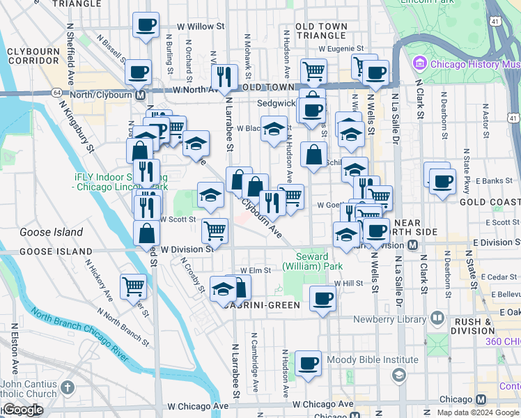 map of restaurants, bars, coffee shops, grocery stores, and more near 1281 North Clybourn Avenue in Chicago