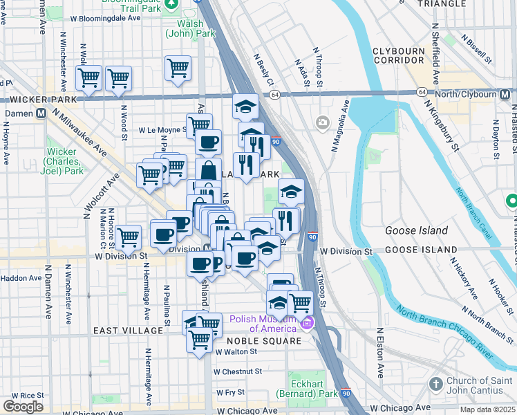 map of restaurants, bars, coffee shops, grocery stores, and more near 1310 North Cleaver Street in Chicago