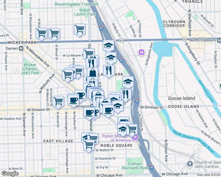 map of restaurants, bars, coffee shops, grocery stores, and more near 1310 North Cleaver Street in Chicago