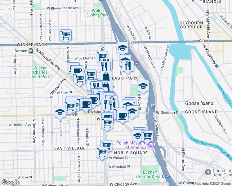 map of restaurants, bars, coffee shops, grocery stores, and more near 1311 North Bosworth Avenue in Chicago