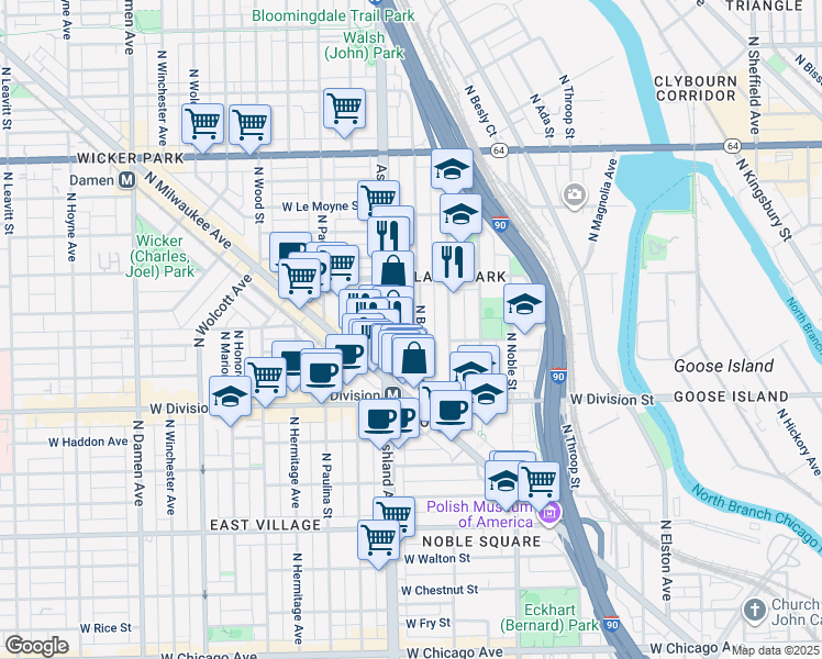 map of restaurants, bars, coffee shops, grocery stores, and more near 1311 North Bosworth Avenue in Chicago