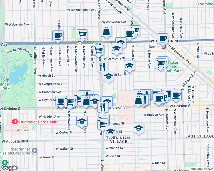 map of restaurants, bars, coffee shops, grocery stores, and more near 1313 North Claremont Avenue in Chicago