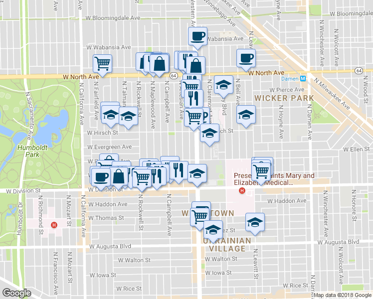 map of restaurants, bars, coffee shops, grocery stores, and more near 1320 North Artesian Avenue in Chicago