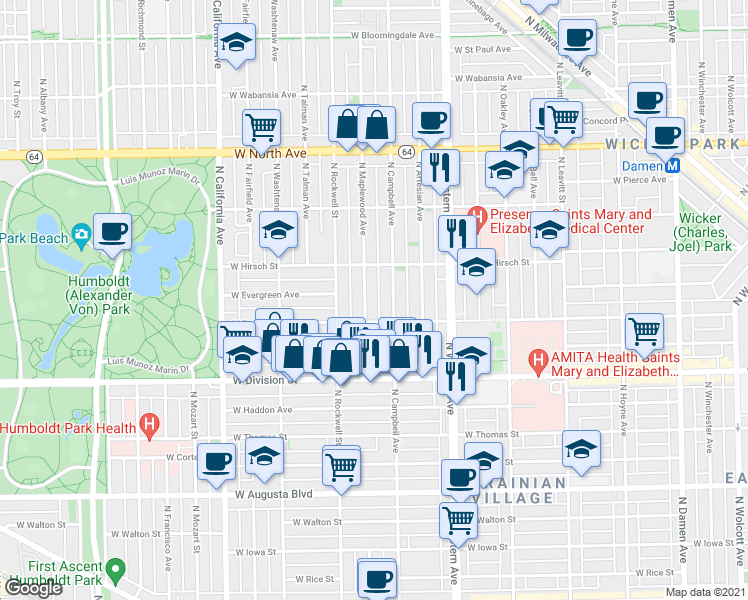 map of restaurants, bars, coffee shops, grocery stores, and more near 1320 North Campbell Avenue in Chicago