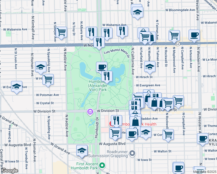 map of restaurants, bars, coffee shops, grocery stores, and more near 1394-1398 N Humboldt Dr in Chicago