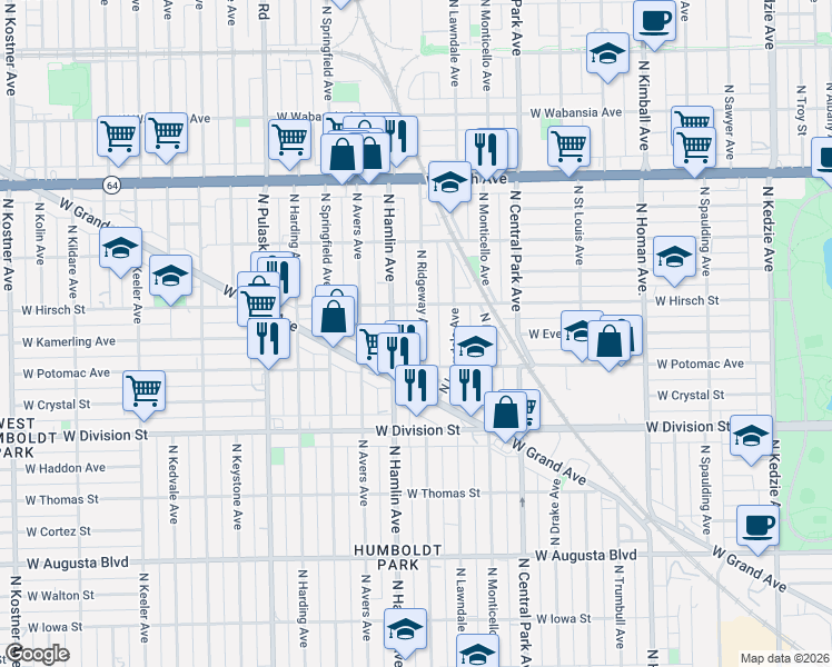 map of restaurants, bars, coffee shops, grocery stores, and more near 1331 North Ridgeway Avenue in Chicago