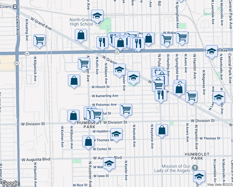 map of restaurants, bars, coffee shops, grocery stores, and more near 4218 West Kamerling Avenue in Chicago
